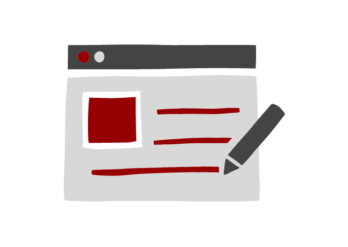 Website blog icon with pen in gray and red image and text. Blog post featured image.