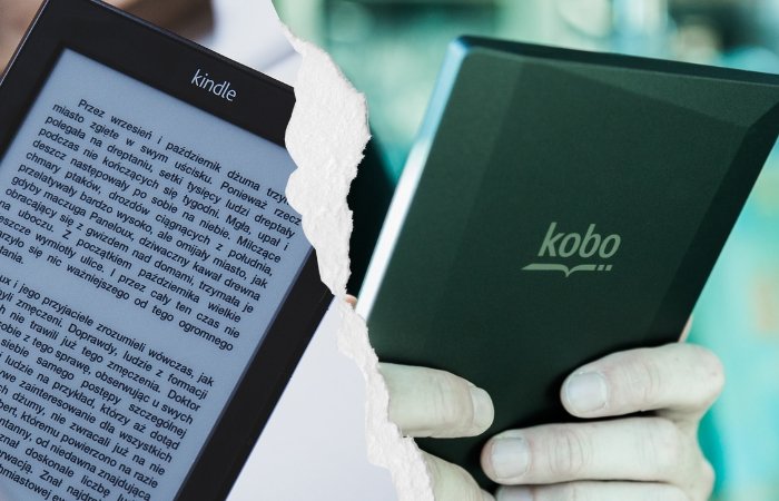 An Amazon Kindle to the left and a Kobo ereader to the right with a rip between them. Blog post featured image.