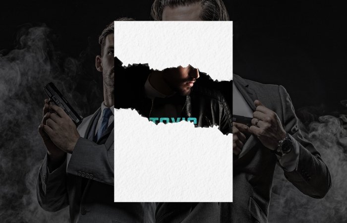 The cover of Toxic Devotion with ripped paper exposing a bit of the cover with a background of two men in suits with guns. Blog post featured image.